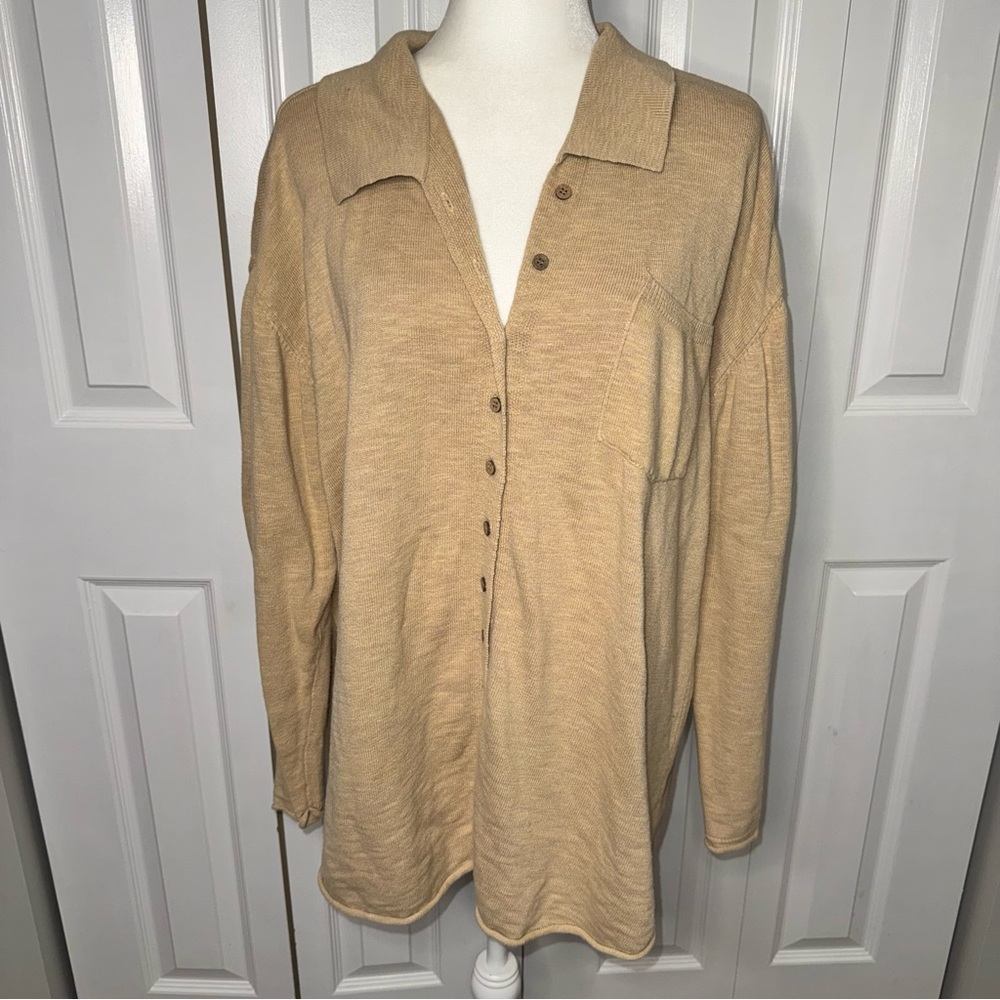 FP Beach Women’s Oversized Button Down Shirt Oatmeal Size Medium Free People